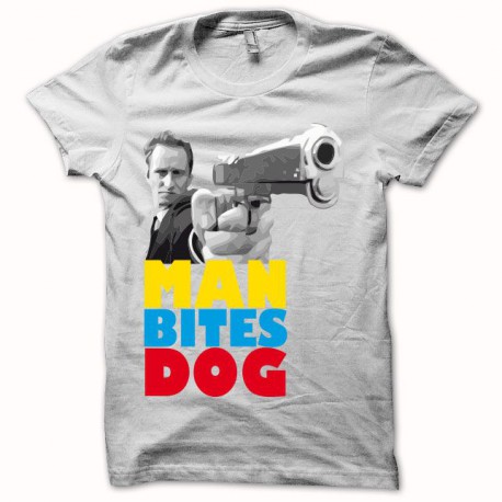 Tee shirt man bites dog C'est arriver près de chez vous blanc