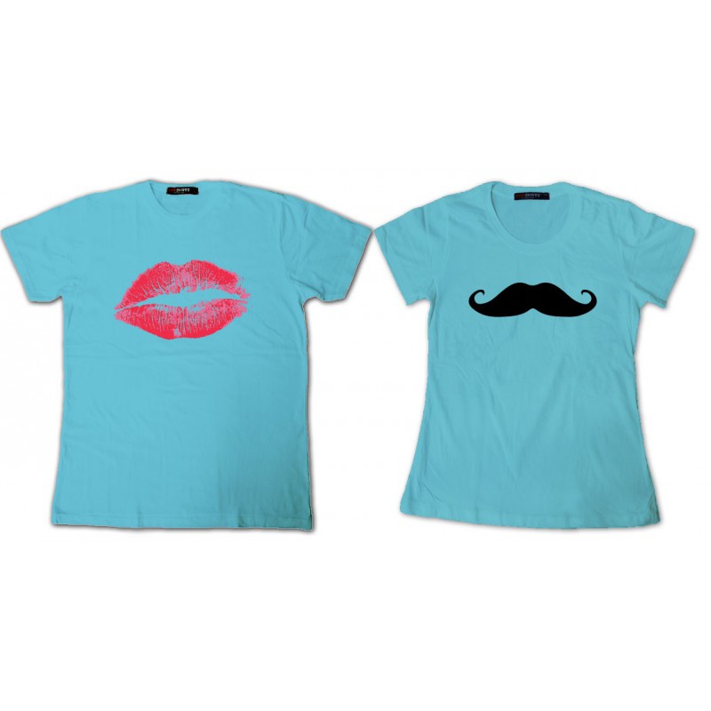 Tee Shirt pour couple swag moustache et lèvres Pack homme et femme